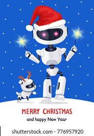 Merry Christmas and happy New Year, robot holding sparkler and wearing Santa hat, robotic dog with horns of deer, isolated on vector illustration