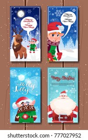 Merry Christmas And Happy New Year Posters Set Cute Santa, Elfs And Reindeer Characters On Holiday Banners Flat Vector Illustration