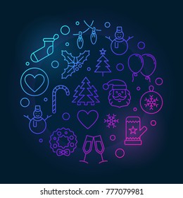 Merry Christmas and Happy New Year round vector colorful symbol in outline style on dark background