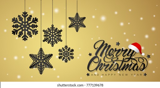 merry christmas and happy new year banner template typography, santa’s hat, hanging stars, ribbons and snow decoration for flyers, poster, web, banner, and card vector illustration