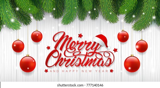 merry christmas and happy new year banner template typography, christmas tree, santa’s hat, glitter balls, stars and ribbons decoration for flyers, poster, web, banner, and card vector illustration