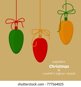 Merry Christmas and Happy New Year yellow background with three christmas balls. Vector background  for your greeting cards, invitations, festive posters. 
