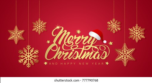merry christmas and happy new year banner template typography, santa’s hat, hanging stars and ribbons decoration for flyers, poster, web, banner, and card vector illustration