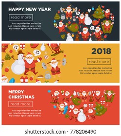 Merry Christmas and Happy New Year 2018 Internet posters with cheerful Santa Claus with bag full of present