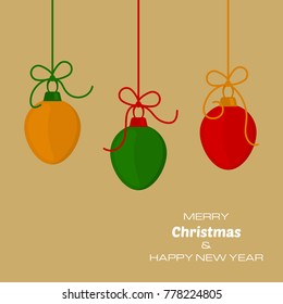 Merry Christmas and Happy New Year yellow background with three christmas balls. Vector background  for your greeting cards, invitations, festive posters. 
