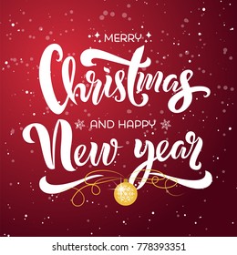 Merry Christmas and Happy New Year text design with Christmas tree ball and decorations. Vector illustration. Merry Christmas lettering on snowy red background. Template for a poster, cards, banner.