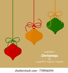 Merry Christmas and Happy New Year yellow background with three christmas balls. Vector background  for your greeting cards, invitations, festive posters. 

