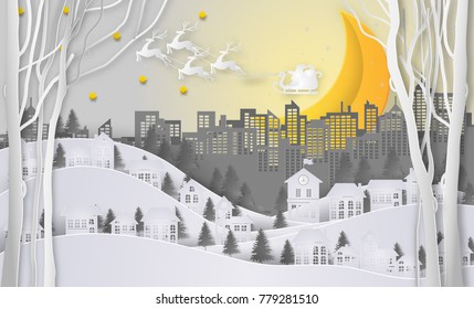 Merry Christmas and Happy New Year. Santa Claus on the sky and moon coming to City. with winter landscape with snowflakes,stars. Merry Christmas card. paper art and craft style. Vector illustration