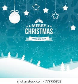 Merry Christmas and Happy New Year greeting card background with snowflakes. Winter scene flat landscape background with falling snow and trees. Paper garland of stars with xmas ball. Vector. 