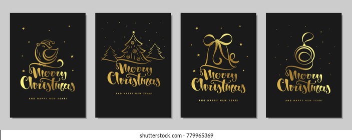 Merry Christmas and happy New year set greeting card. Handwritten lettering with a stylized Christmas tree, bell, bird and ball. Black gold design