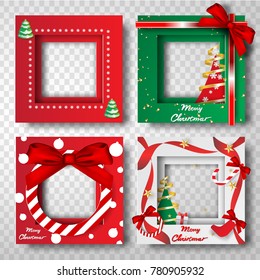 Merry Christmas and Happy new year border frame photo design set on transparency background.Creative origami paper cut and craft style.Holiday decoration gift card.Winter season vector illustration 