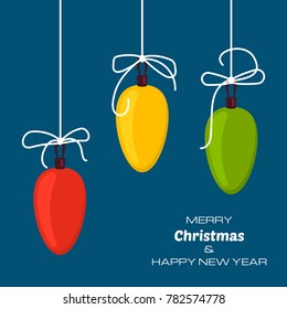 Merry Christmas and Happy New Year blue background with three christmas balls. Vector background  for your greeting cards, invitations, festive posters. 
