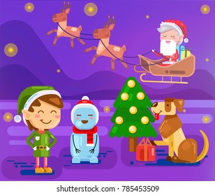 Merry Christmas and Happy New Year composition. Cartoon Character Flat Santa Claus and Reindeer. New year dog, Snowman and ?ute elf Christmas scene. Vector Illustration