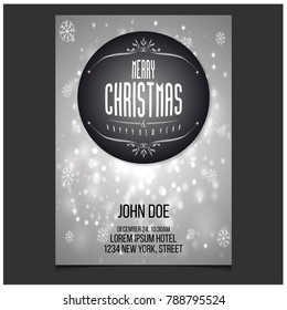 Merry Christmas. Happy New Year. Christmas Invitation Card with creative typography and invitaion text on Grey Snowflake pattern background