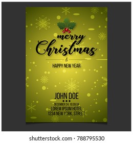 Merry Christmas. Happy New Year. Christmas Invitation Card with creative typography and invitaion text on Yellow Snowflake pattern background