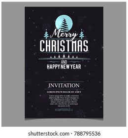 Merry Christmas. Happy New Year. Christmas Invitation Card with creative typography and invitaion text on Purple Snowflake pattern background