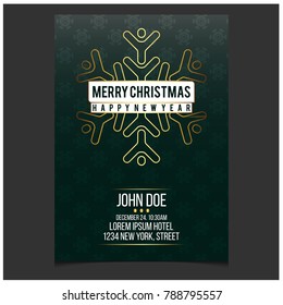 Merry Christmas. Happy New Year. Christmas Invitation Card with creative typography and invitation text on Green snowflake pattern background