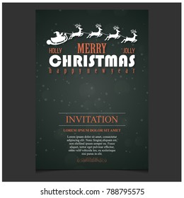 Merry Christmas. Happy New Year. Christmas Invitation Card with creative typography and invitaion text on Green background with snow