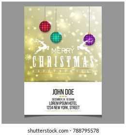 Merry Christmas. Happy New Year. Christmas Party Invitation Card including creative typography and christmas elements on yellow winter background full of snow and snowflakes