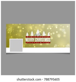 Merry Christmas. Happy New Year. Christmas Facebook Cover including creative typography and christmas elements on yellow winter background full of snow and snowflakes