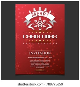 Merry Christmas. Happy New Year. Christmas Invitation Card with creative typography and invitaion text on Red Snowflake pattern background