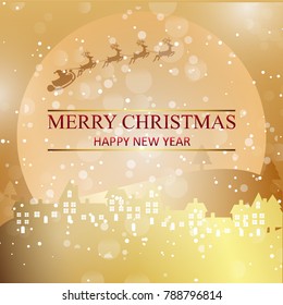 Merry Christmas. Happy New Year. Christmas Poster including Stylish Typography. Moon, Houses, Mountains and Snow in the Background