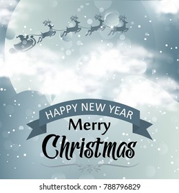 Merry Christmas. Happy New Year. Christmas Poster including Stylish Typography. Moon, Snow, Clouds, Mountains and Santa with deers flying in the Backgroud