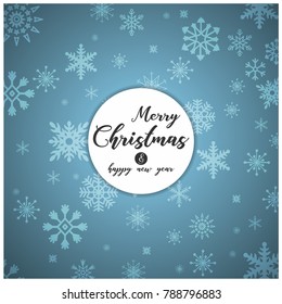 Merry Christmas. Happy New Year. Christmas Poster including Creative Typography and Snowflakes on Blue Background