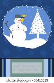 Merry Christmas and a Happy New Year - snowman with little birds