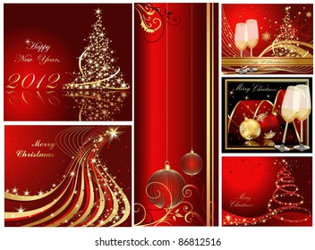 Merry Christmas and Happy New Year collection gold and red