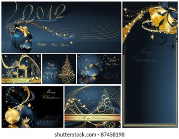 Merry Christmas and Happy New Year collection gold and blue