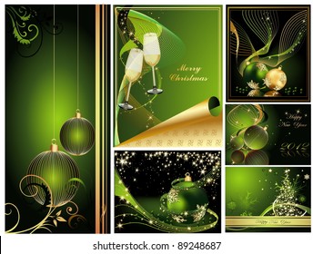 Merry Christmas and Happy New Year collection gold and green