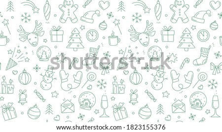 Merry Christmas Happy New Year seamless background pattern. Vector illustration doodles, thin line art sketch icons style concept