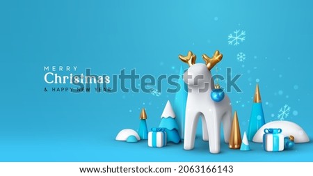Merry Christmas and Happy New Year Blue Background. Xmas winter holiday composition. Realistic 3d design, Minimal ceramic white deer, Christmas trees and gift boxes, snow balls. Vector illustration