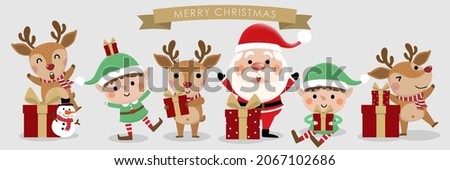 Merry Christmas and happy new year 2023 greeting card with cute Santa Claus, little elf, snowman and deer. Holiday cartoon character in winter season. -Vector