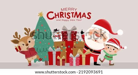 Merry Christmas and happy new year  greeting card with cute Santa Claus, little elf, snowman, gifts and deer. Holiday cartoon character in winter season. -Vector