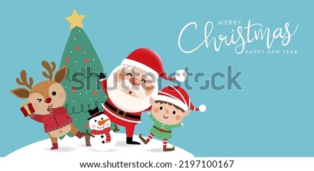Merry Christmas and happy new year greeting card with cute Santa Claus, little elf, snowman, xmas tree  and deer. Holiday cartoon character in winter season. -Vector