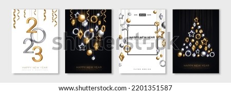 Merry Christmas and Happy New Year posters set, hanging gold silver 3d baubles, 2023 numbers. Vector illustration. Winter holiday flyer, brochure voucher template. Minimal geometric decorations