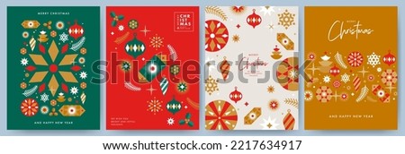 Merry Christmas and Happy New Year Set of greeting cards, posters, holiday covers. Modern Xmas design with geometric pattern in green, red, gold, white colors. Christmas tree, balls, stars, snowflakes