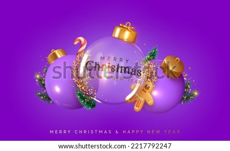 Merry Christmas and Happy New Year. Xmas lilac background with realistic 3d glass transparent decorative christmas ornaments ball. Holiday decoration purple bauble ball. Vector illustration