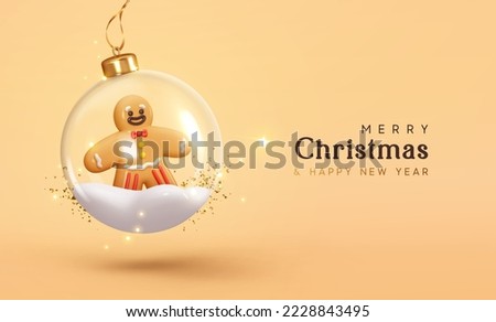 Merry Christmas and Happy New Year. Christmas ornaments glass transparent balls with gingerbread man side on snow. Christmas ball hanging on gold ribbon. Holiday Xmas background. vector illustration