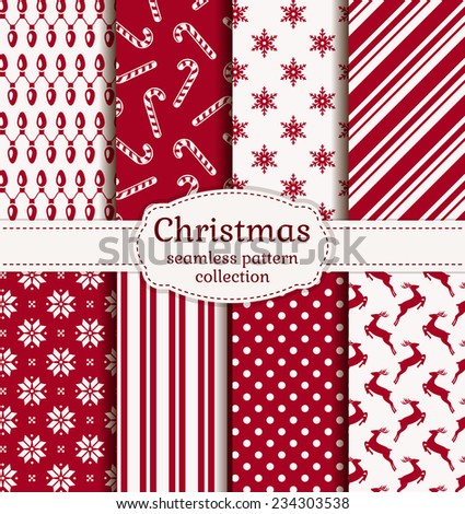 Merry Christmas and Happy New Year! Set of winter holiday backgrounds. Collection of seamless patterns with red and white colors. Vector illustration.