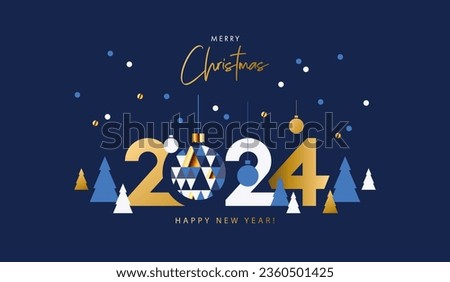 Merry Christmas and Happy New Year banner, greeting card, poster, holiday cover. Modern Xmas design in geometric style with triangle pattern, Christmas tree, ball, snow and 2024 number on night blue 