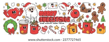 Merry Christmas and Happy New year stickers. Santa Claus gifts coffee heart gingerbread in trendy groovy retro cartoon style. Sticker pack of cartoon characters and elements.