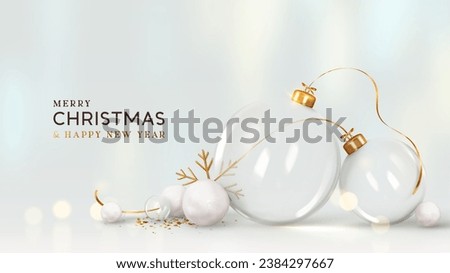 Merry Christmas and happy new year background. Realistic 3d design glass transparent ornaments decoration balls, golden glitter confetti, soft white blue realistic lighting. vector illustration