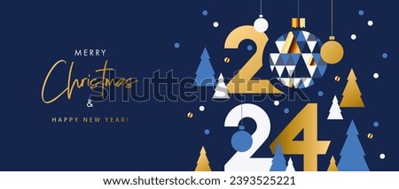 Merry Christmas and Happy New Year banner, greeting card, poster, holiday cover, header. Modern Xmas design in geometric style with triangle pattern, Christmas tree, ball, snow and 2024 number on blue