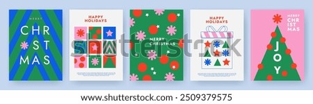 Merry Christmas and Happy New Year Set of greeting card, poster, holiday cover. Modern Xmas design in simple geometric style in green, red, pink and blue colors for ads, sales, print, season greetings