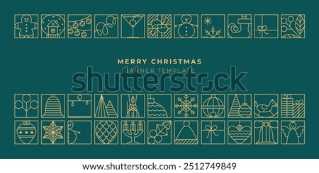 Merry Christmas Happy New Year greeting banner with gold line geometric icons. Luxury xmas design, poster template, background.