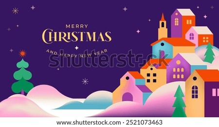 Merry Christmas and Happy New Year. Concept Christmas background with colorful geometrical style winter village. Homes, trees, decorations elements. Vector flat style Illustration