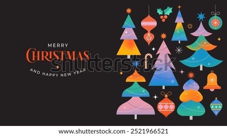 Merry Christmas and Happy New Year. Concept Christmas background with colorful geometrical style winter village. Homes, trees, decorations elements. Vector flat style Illustration